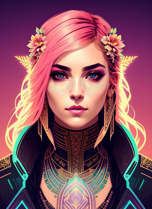 swpunk style synthwave(symmetry:1.1) (portrait of floral:1.05) a woman as a beautiful goddess, (assassins creed style:0.8)...